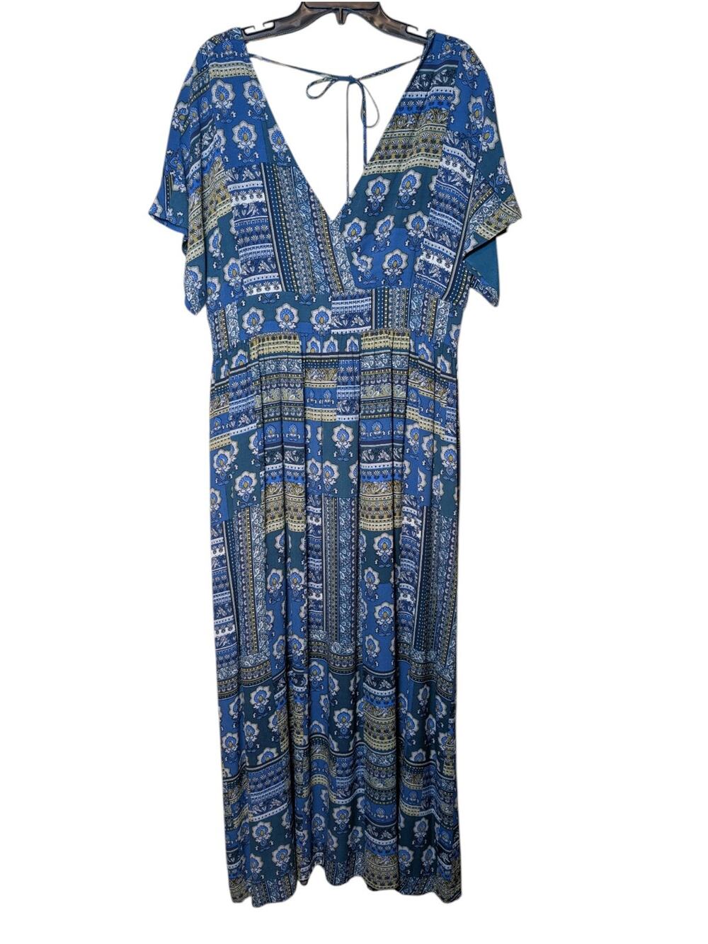 Garnet Hill Blue Boho Lined Maxi Dress Surplice Bodice Tie Zip Back Womens 16
